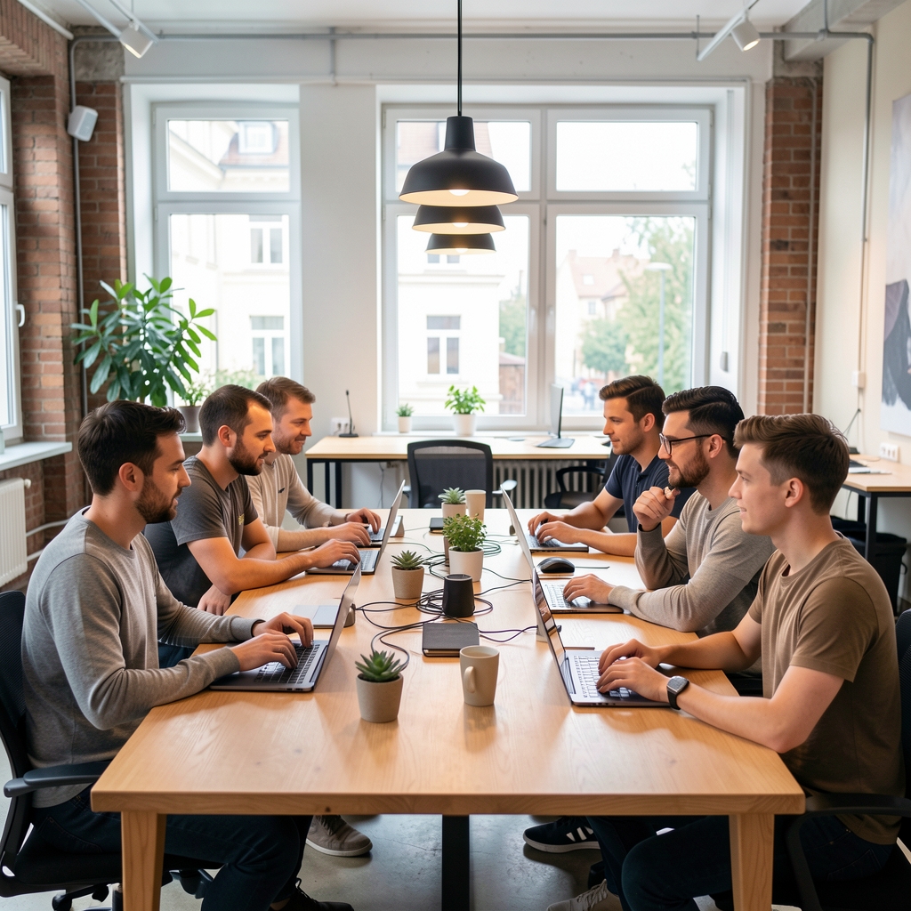 Archivní fotografie prvního workshopu Brirbepariq v roce 2020 v pražské coworkingové prostoru s účastníky kolem stolu s notebooky