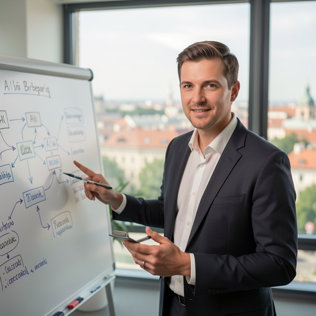 Tým lektorů Brirbepariq diskutující nad tabulí s diagramy AI architektury v moderní kanceláři s panoramatickým výhledem na Prahu