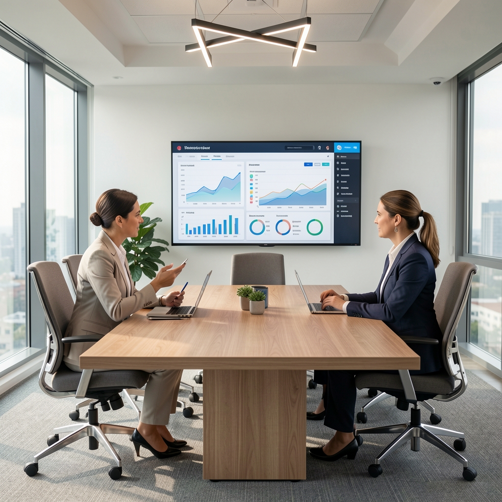 Moderní zasedací místnost s vedoucími pracovníky diskutujícími nad obrazovkou s grafy a AI analytickým dashboardem