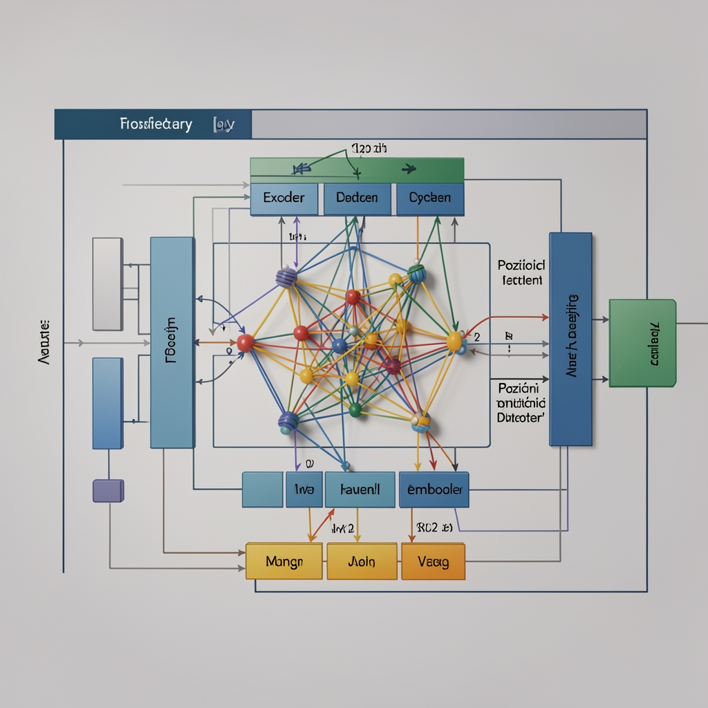 Vizuální diagram transformer architektury s multi-head attention mechanismem, encoder-decoder bloky a pozičními embeddingy