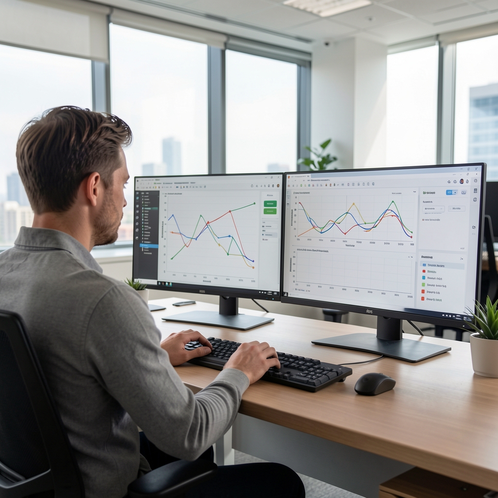 Vývojář prohlížející kód pro fine-tuning velkého jazykového modelu na druhém monitoru s terminálem