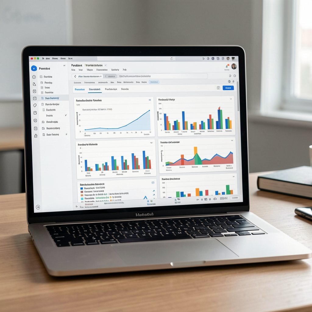 Obrazovka s Pandas DataFrame a vizualizacemi datové analýzy v Jupyter notebooku na MacBooku