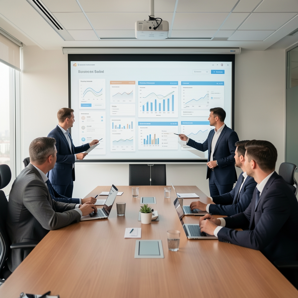 Manažeři v moderní zasedací místnosti analyzují AI dashboardy a business intelligence reporty na projektorovém plátně
