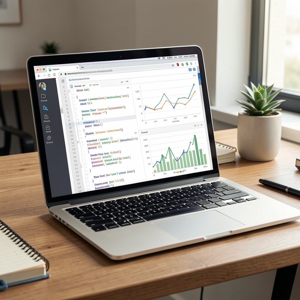 Notebook s Jupyter notebookem otevřeným na datové analýze s grafy a Python kódem na stole analytika