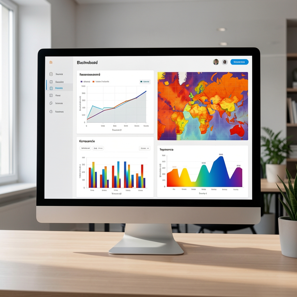 Analytický dashboard s interaktivními grafy, histogramy a tepelnou mapou korelace zobrazených na moderním monitoru v kancelářském prostředí