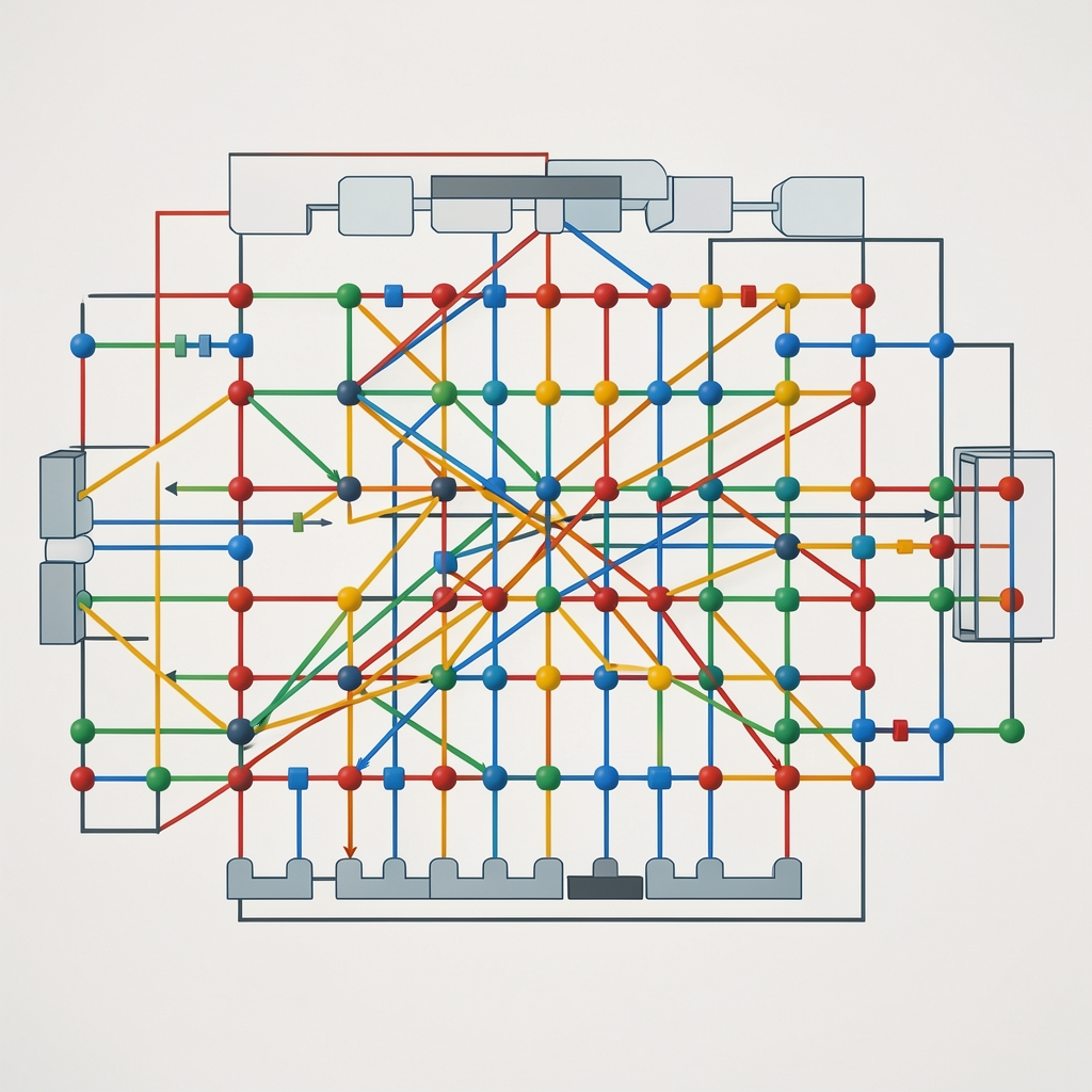 Schematický diagram propojených neuronových vrstev s barevně zvýrazněnými váhami a aktivacemi
