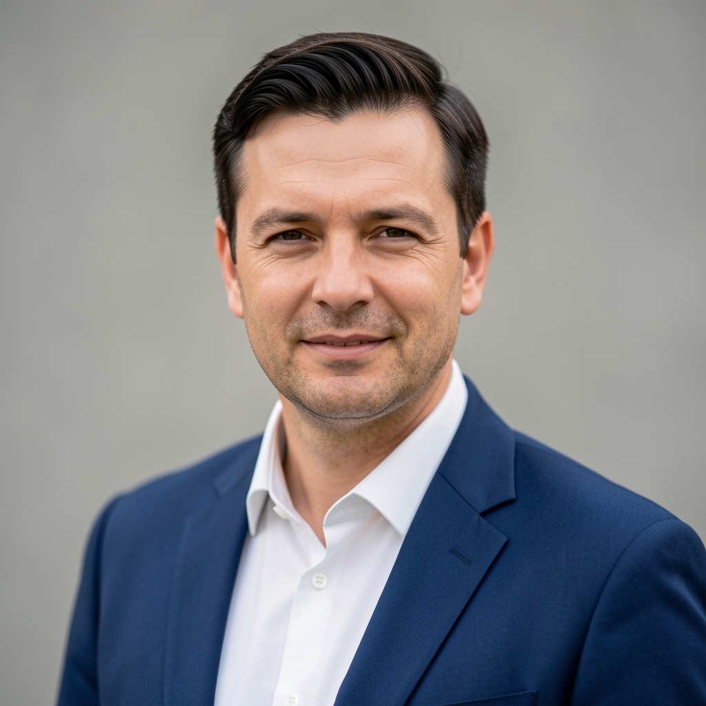 Portrét Radka Beneše, vedoucího lektora AI a strojového učení, muž ve středním věku s tmavými vlasy v modrém saku na neutrálním pozadí