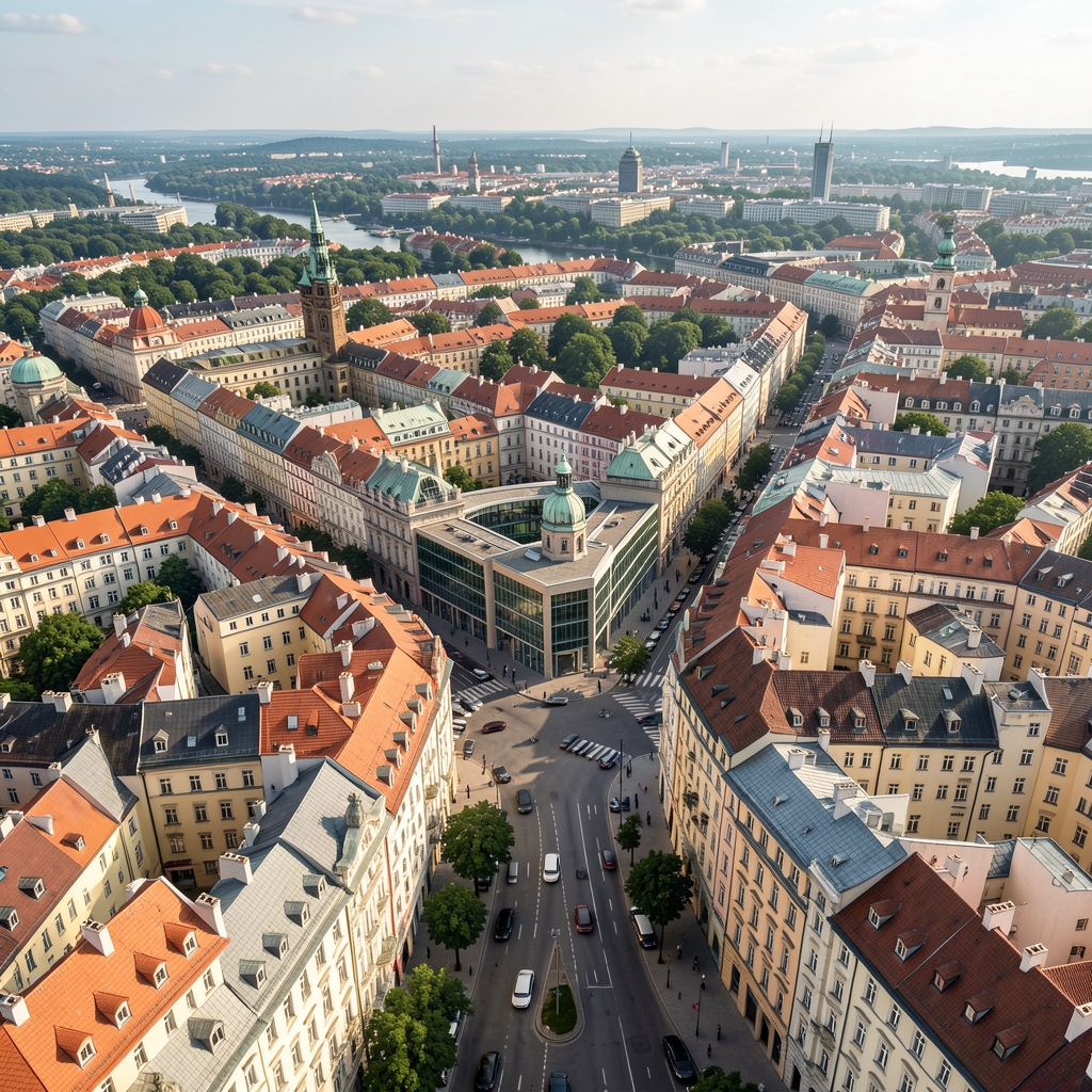 Satelitní pohled na centrum Prahy s vyznačenou polohou kanceláří Unicorn a.s. na Vodičkově ulici v Praze 1